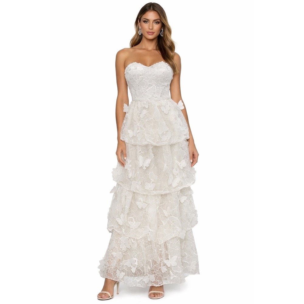 New! Dress the Population White 3D Butterfly Strapless Tiered Gown XS $498